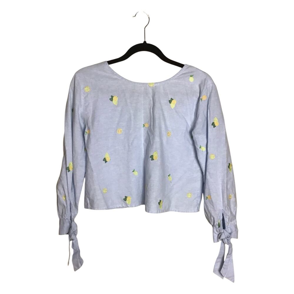 Rebellion Again lemon print crop top with Tie Wrist Sleeves Blue Sz.Medium